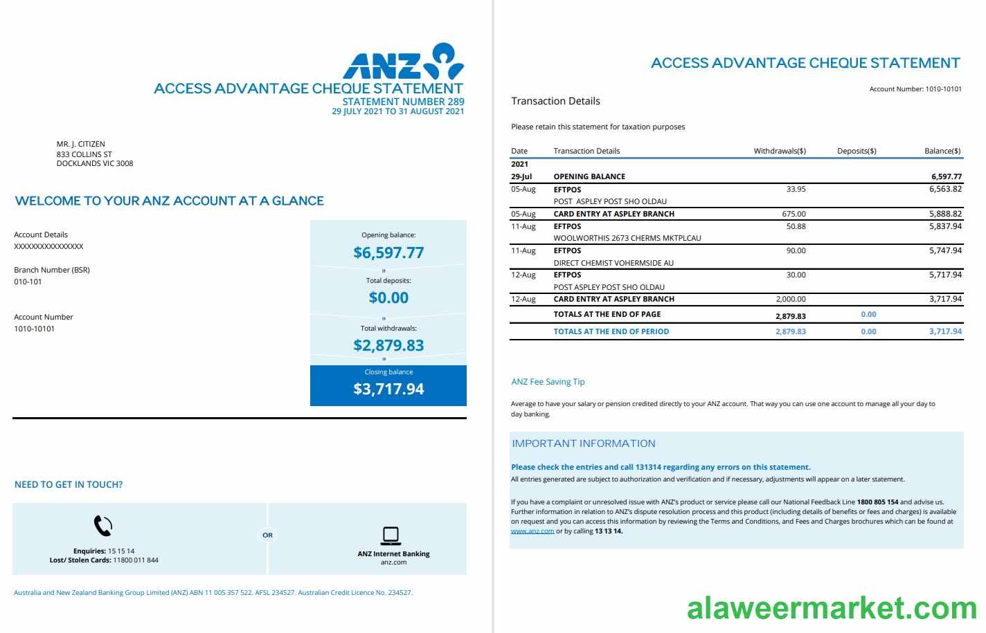 Australia ANZ proof of address bank statement template in .xls and .pdf format, 2 pages